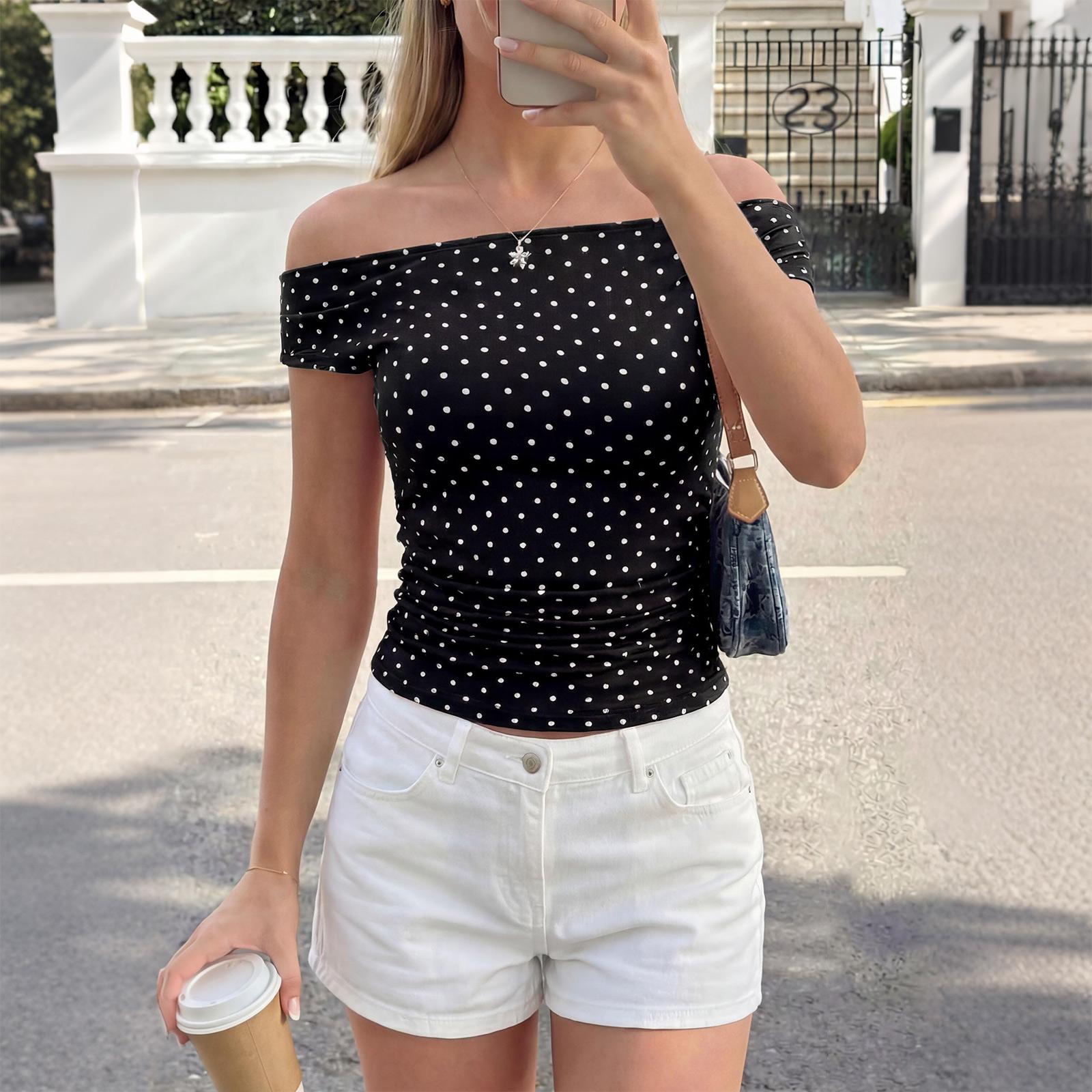 

Women’s Off Shoulder Polka Dot Slim Fit Top Casual Short Sleeve Stretchy Blouse for Summer Fashion and Everyday Wear XXL чёрный