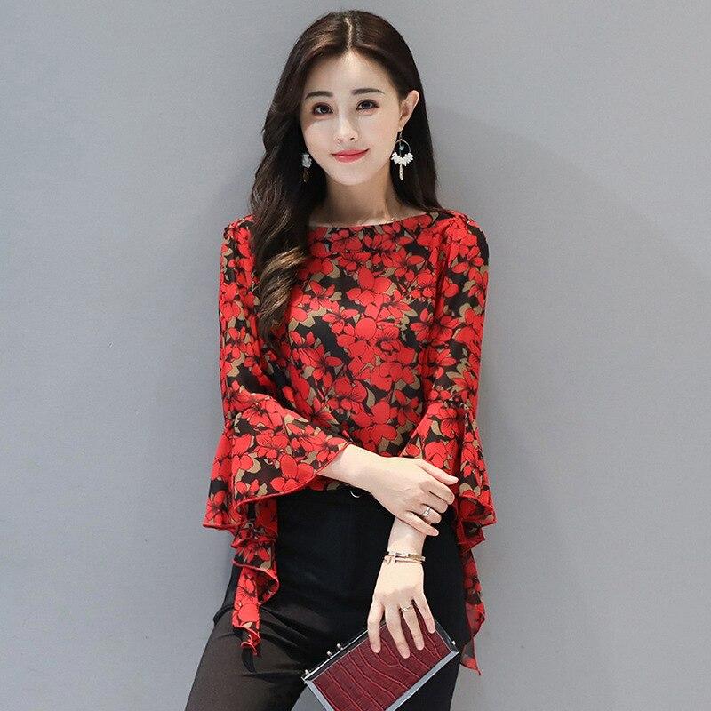 

Новые сексуальные женские шифоновые топы с цветочным принтом и длинными расклешенными рукавами, тонкие женские рубашки, женские летние повседневные блузки XXL красный