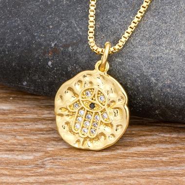 Nidin Hot Sale Women Men Hamsa Hand Necklace Gold Plated Copper Zircon Evil Eye Pendant & Chain Hip Hop Turkish Luck Jewelry