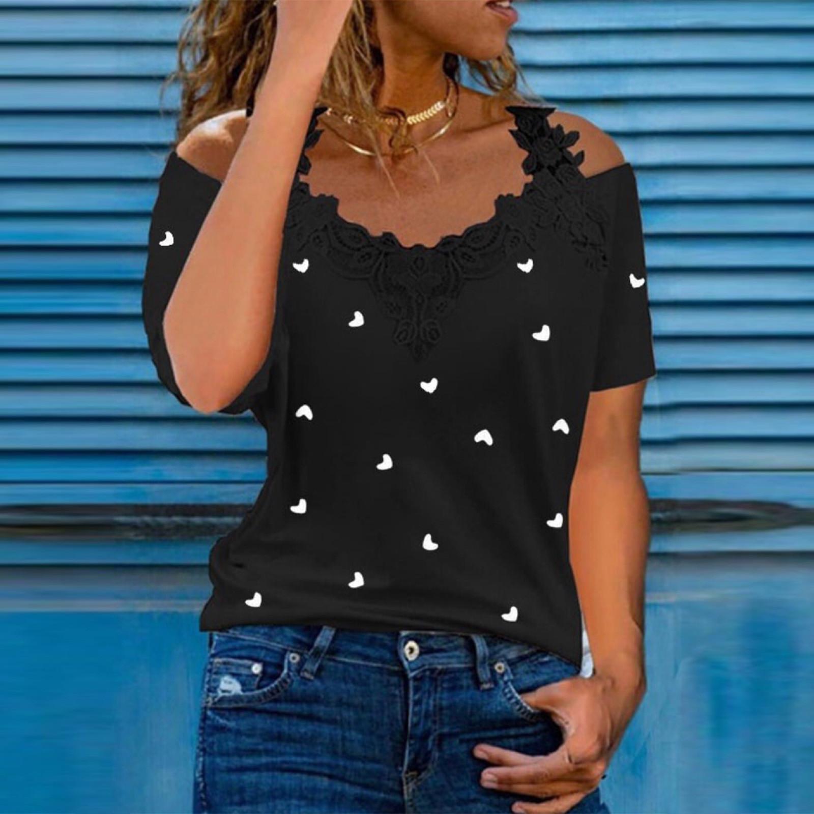 Fashion Women s Sexy Color Round Neck Small Love Loose Casual Temperament Top XXL чёрный