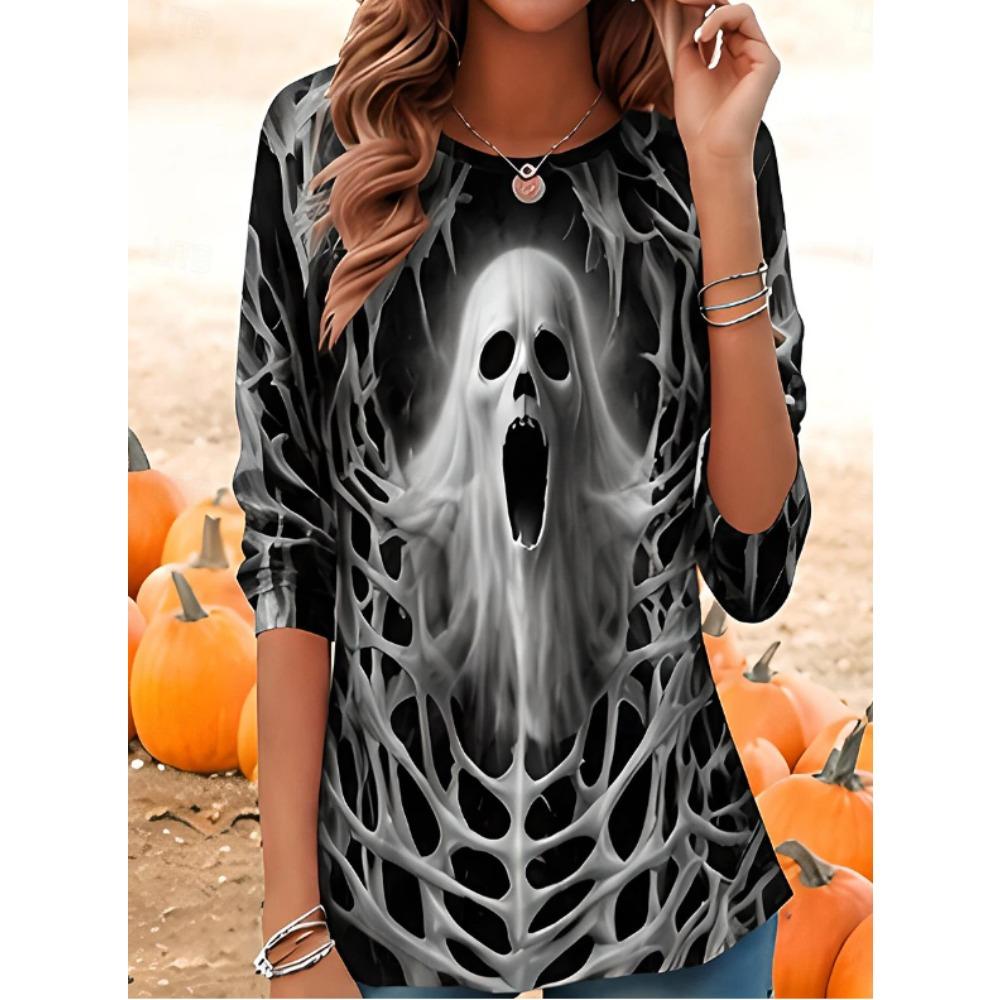 Tops for Women Skull Print Round Neck Long Sleeve T-shirt Fall Casual Slim Pullover Women's Long Sleeve Top