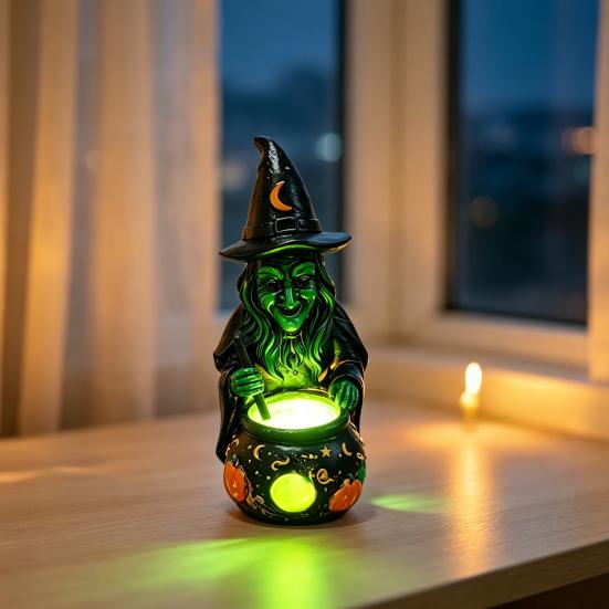 Creepy Haunted House Props Halloween Witch Cauldron Lamp Figurine, Resin Scary Witches Lighted-Up Realistic Craft Cauldron, Festival Supplies