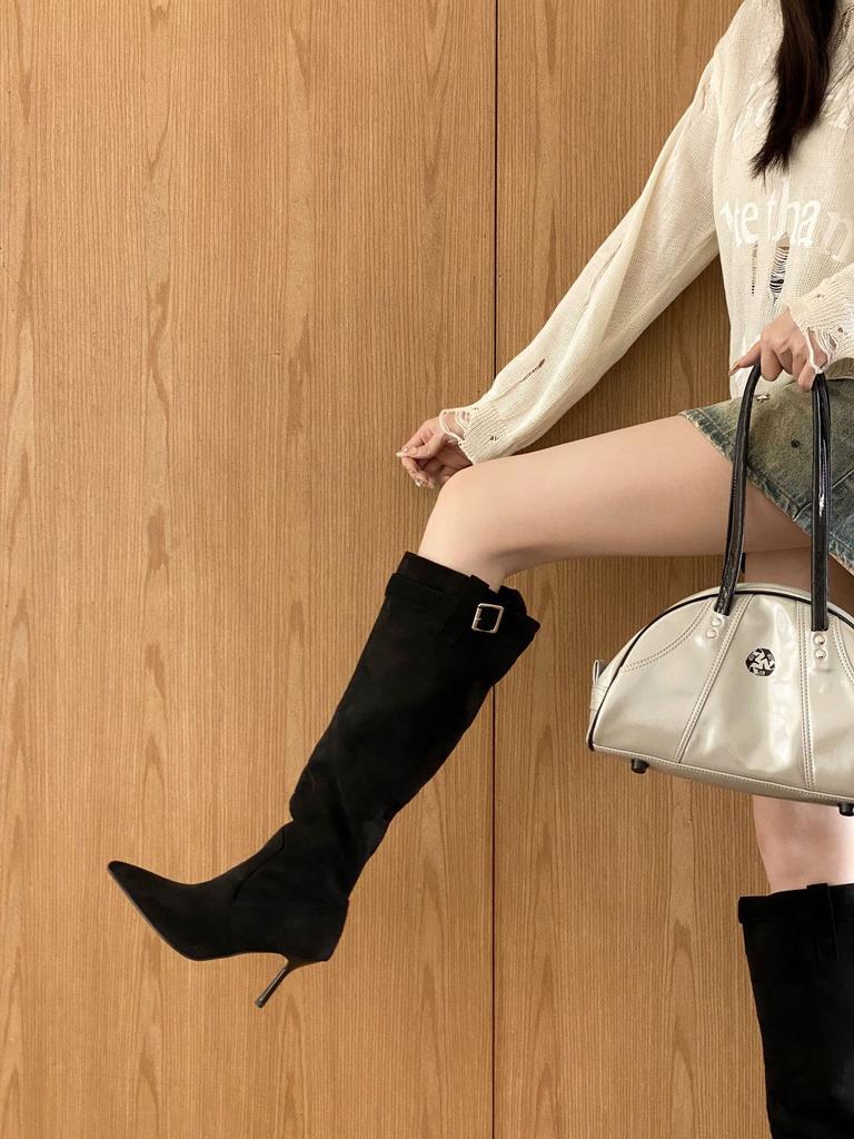 2025 autumn European and American style pointed suede thin heel high heel belt buckle high boots