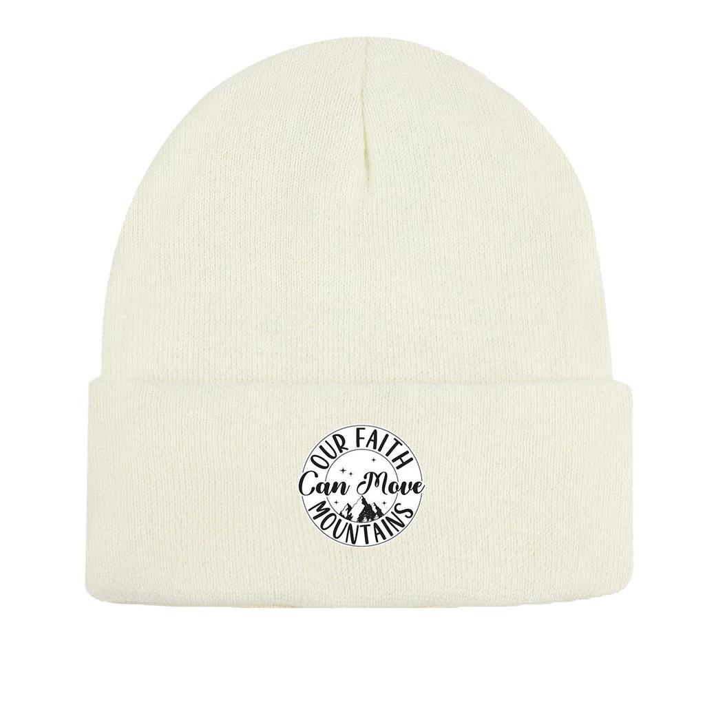 FAITH MOVE MOUNTAINS" Print Knitted Hat Beanie, Text Skullies Beanies Fit Thermal Headwear Pompom Beanies Knit Cap Beanie