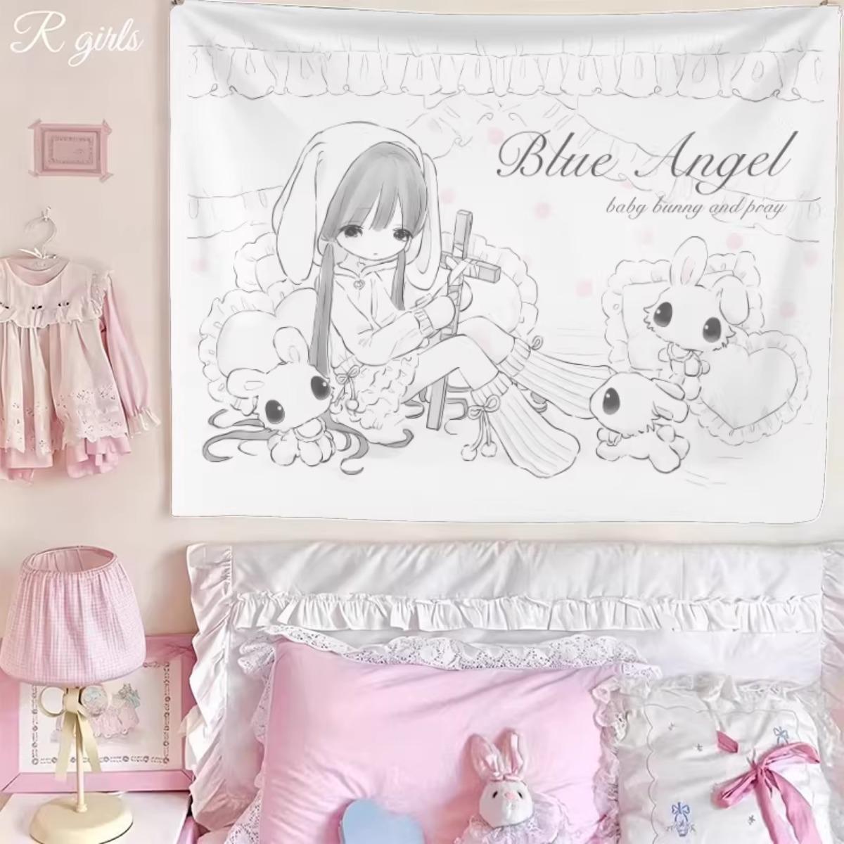 

Japanese Anime Angel Girls Tapestry Kawaii Line Art Wall Hanging Ins Style Bedroom Dorm Decor Aesthetic Cute Background Cloth 74x94cm(29x37in)