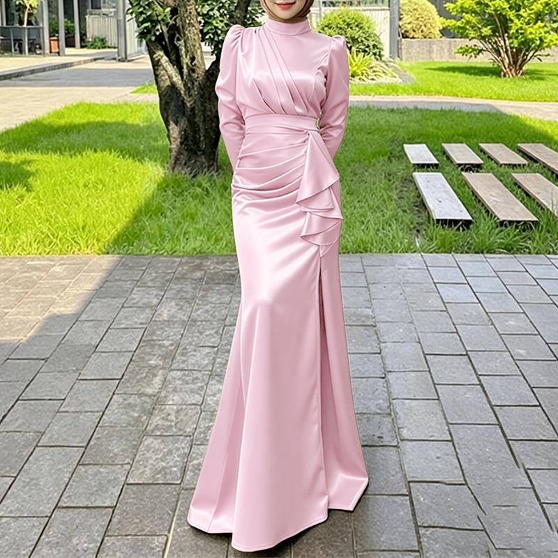 ZANZEA Women Elegant Stand Collar Casual Long Sleeve Satin Long Dress