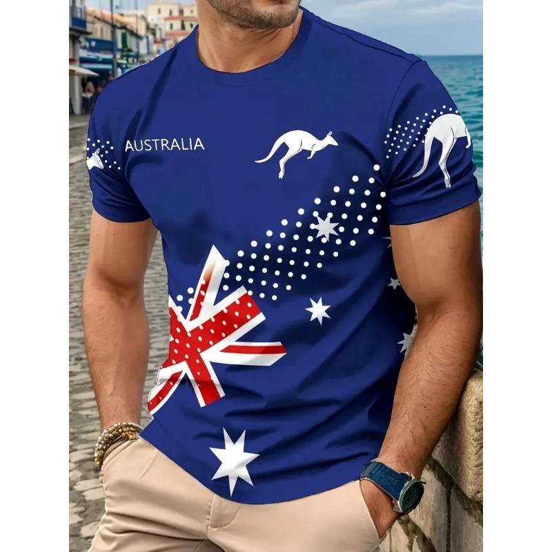 Summer Round Neck 3D Australia Flag Graphic Print Top Fashionable Casual Short Sleeved Men's T-shirts