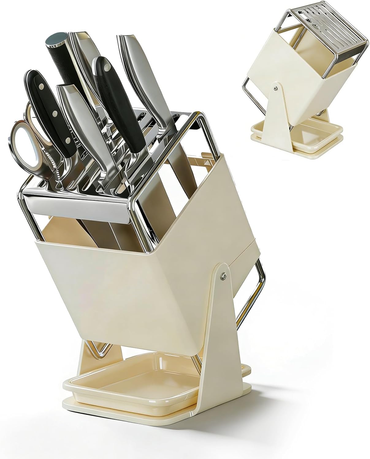 

Rotating Knife Block Holder, 30° Turn 9-Slot Universal Stand with Drip Tray, Space Saving Countertop Organizer for Kitchen бежевый