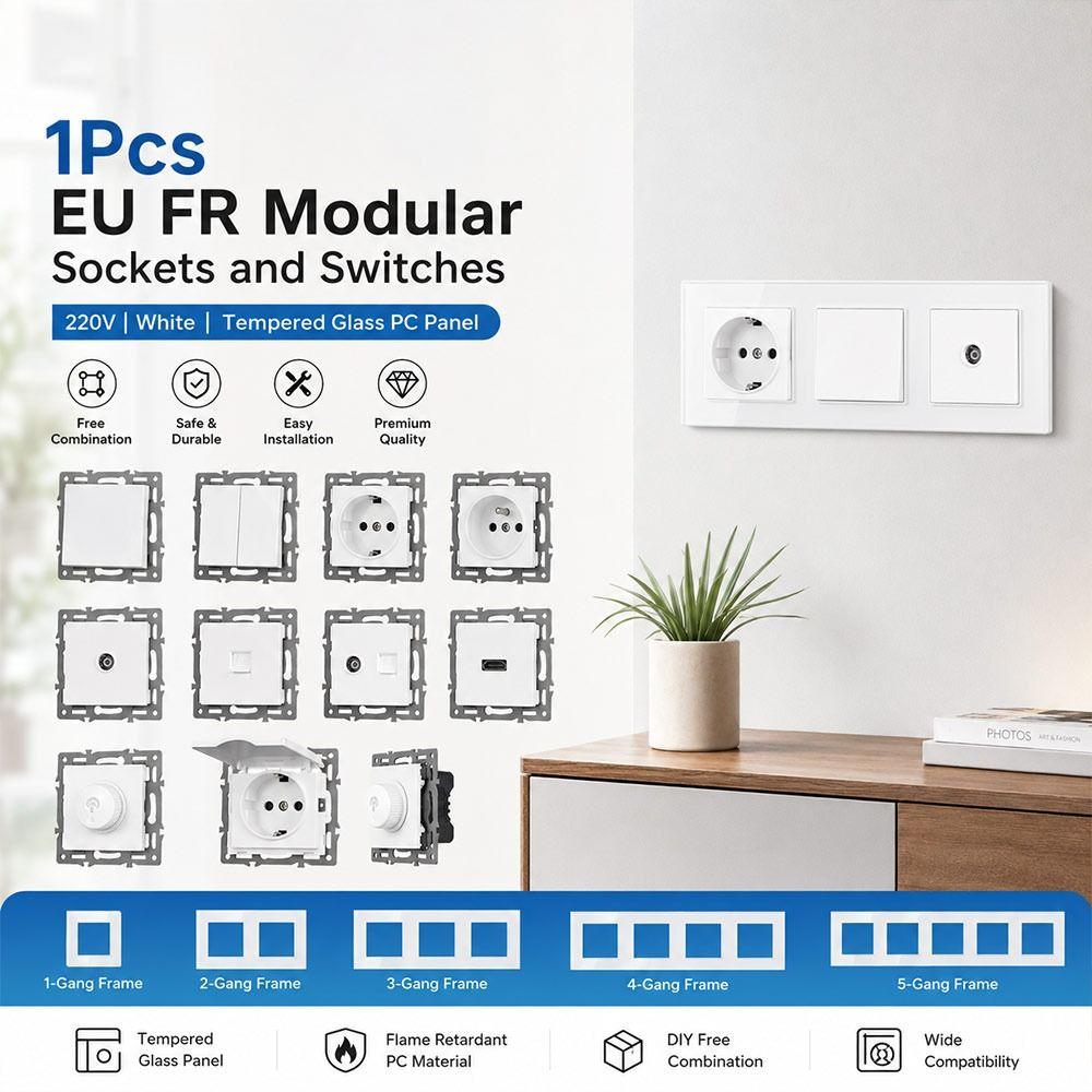 1Pcs PC Panel Modular Sockets And Switches EU French Socket Module  for EU Standard Wall Mount DIY