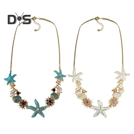 Exaggerated Women Necklace Ocean Theme Starfish Coral Shell Hollow Out Faux Pearl Rhinestone Decor Adjustable Length Lady Vacation Beach Neck Jewelry
