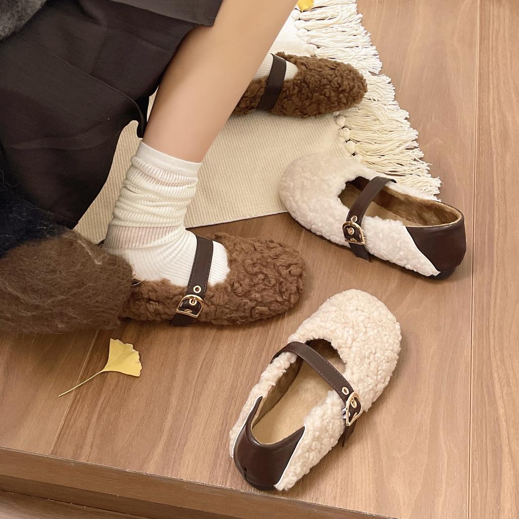 Fashion Designer Vintage Women Warm Fur Flats Shoes Fashion Shallow Belt Buckle Spring Autumn Ladies Comfort Loafers Shoes