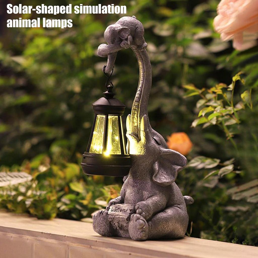 Solar Powered Elephant Statue Solar Animal Figurines with LED Light Cute Resin Ornaments Elephant Statue Sculptures Decoration