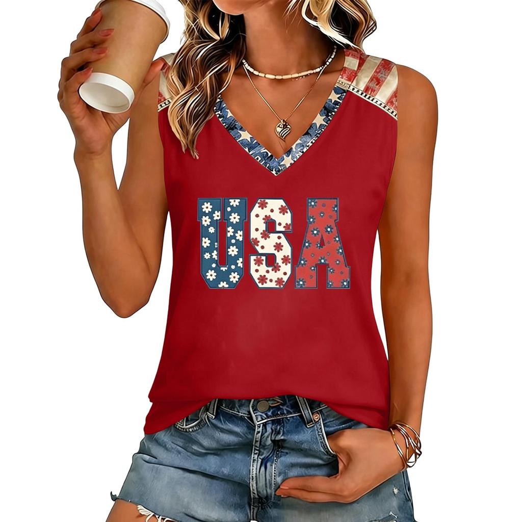 Women's V-Neck Casual Top with Patriotic Independence Day Print