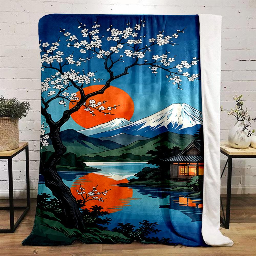 Cherry Blossom Sunset Near Mount Fuji Patterned Flannel Blanket Perfect for the Bedroom Living Room, Sofa, or a Little Nap