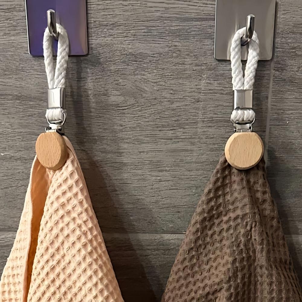 1-8PCS Towel Hanging Clips Woven Cotton Rope Bathroom Wood Round Head Metal Hanging Clips For Home Towel Clothes Storage Hook