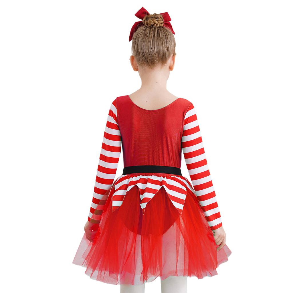 Girls Christmas Elf Costume Santa Little Helper Dress Striped Tutu Bodysuit Holiday Party Suit