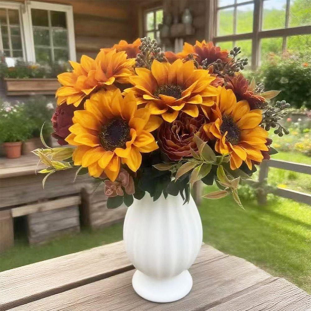 Multicolor Sunflower Artificial Flower Green Leaves DIY Simulation Sunflower Photo Props Accessories Faux Daisy Peony Flower