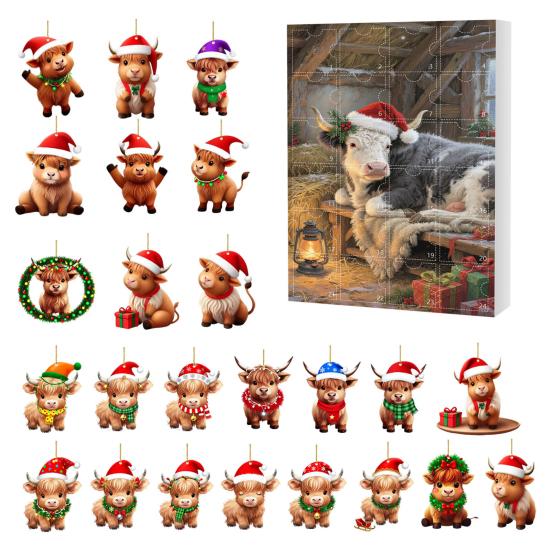 Scottish Highland Cow Advent Calendar Christmas 24 Days Funny Cow Countdown 2D Design Holiday