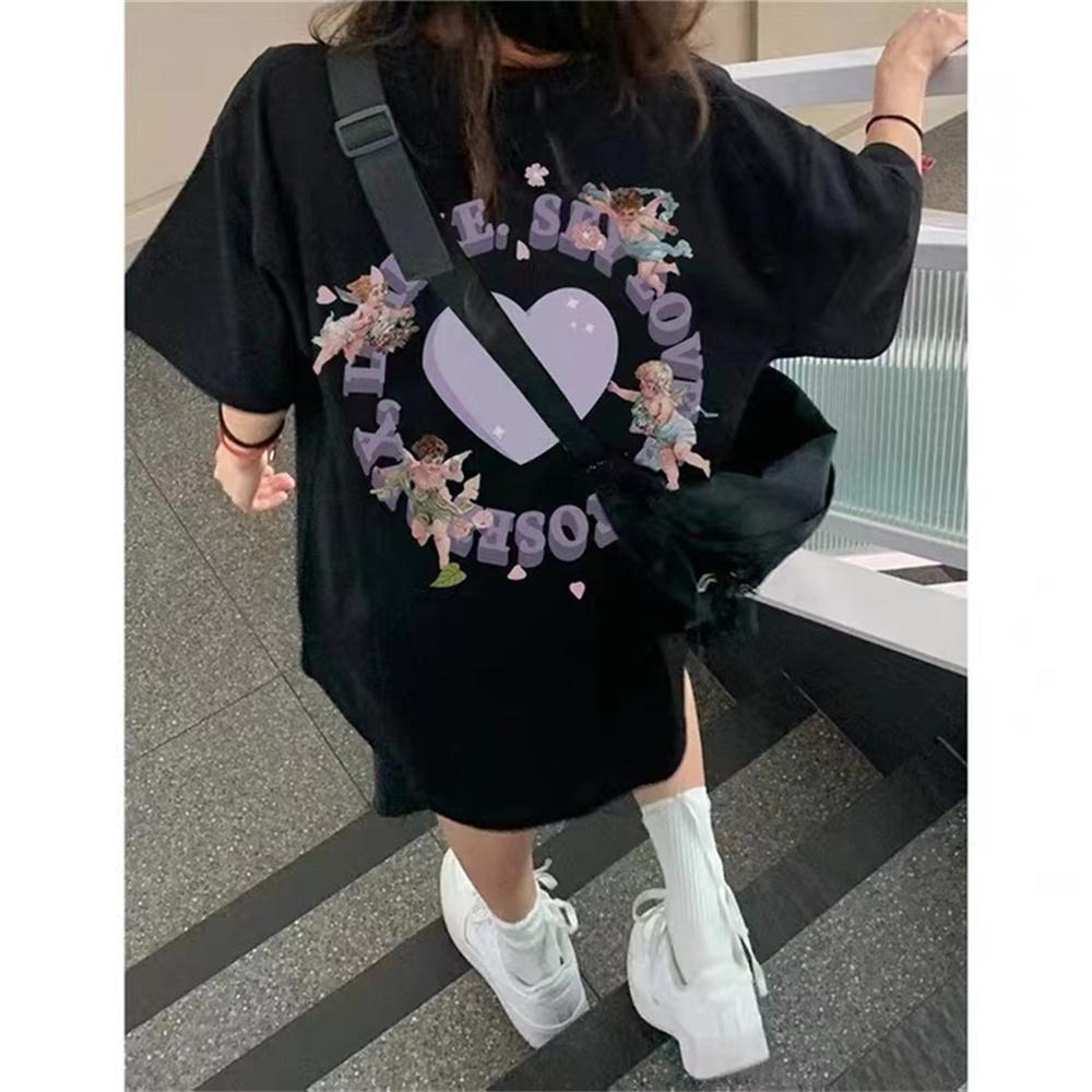 Loose Fit Cotton T-irt ort Sve Korean Sle round Ne Print Design Summer Top for Young Women Creative Cartoon Element