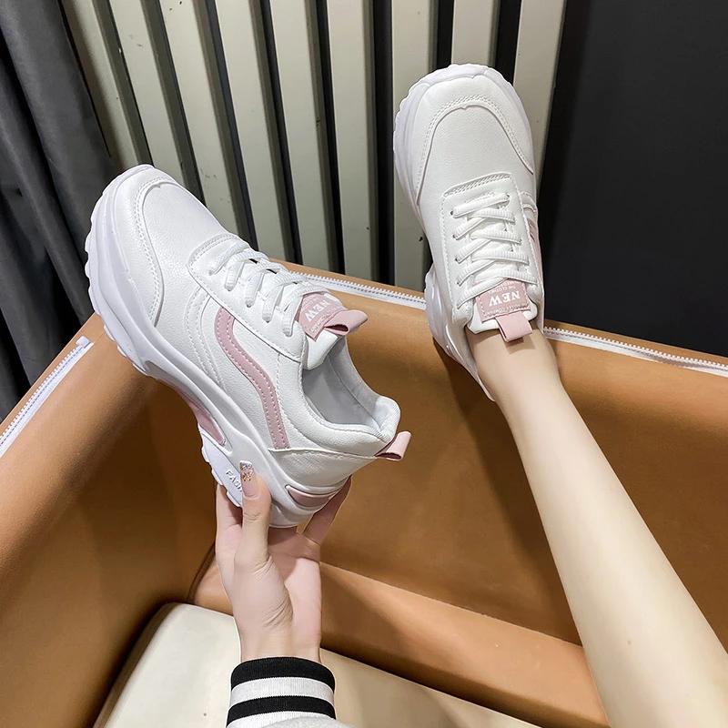 Casual Women Thick-soled Sneakers Fashion Spring Autumn Summer White Black PU Lace-up  Vulcanized Shoes Mesh Rubber Non-slip New