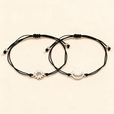 Stainless Steel Sun And Moon Couple Bracelets Set Adjustable Black Cord Matching Bracelets for Him And Her Minimalist Waterproof