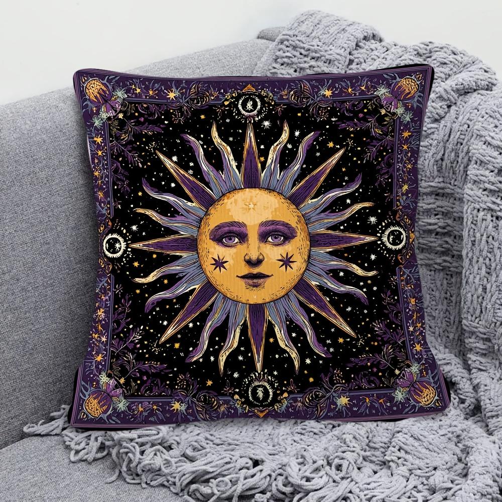 1Pc Mystic Sun Moon Stars Pillow Cover, Polyester 2D Double Sided Print Cushion Case, Celestial Sun Face Throw Pillowcase, Magic
