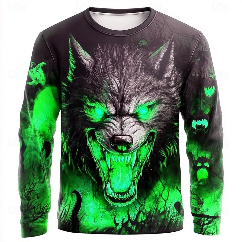 Camisetas de Manga Comprida com Estampa de Lobo Engraçada para Homens Streetwear Trendy Tops Casuais Camisetas Casuais Roupas