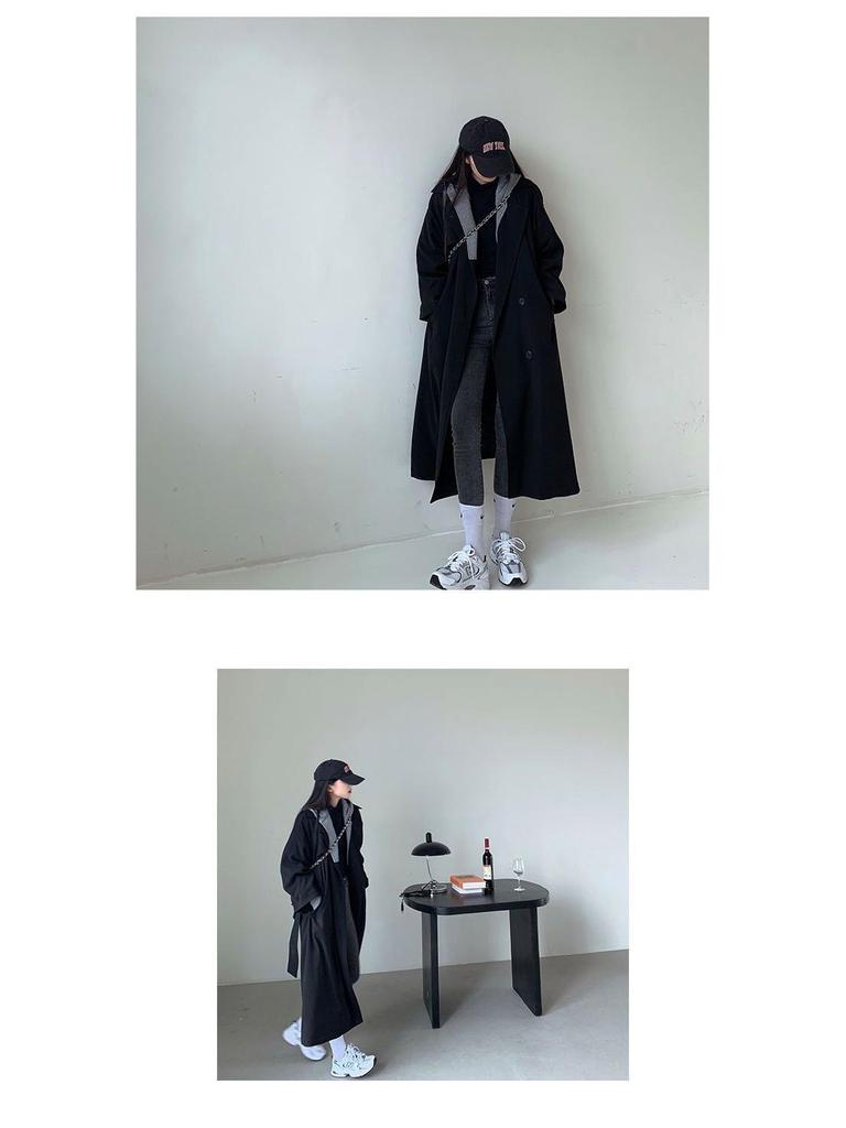 2025 New Korean Style Women's Color Block Mid-Length Trench Coat - Black Casual Spring/Autumn Wear