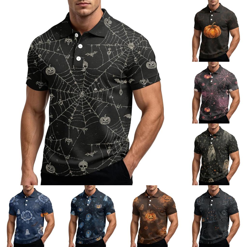 Herren Halloween Print Kurzarm Poloshirt Lockerer Schnitt Lässig Sommer Tägliches Tragen Hemdkragen mit Knöpfen