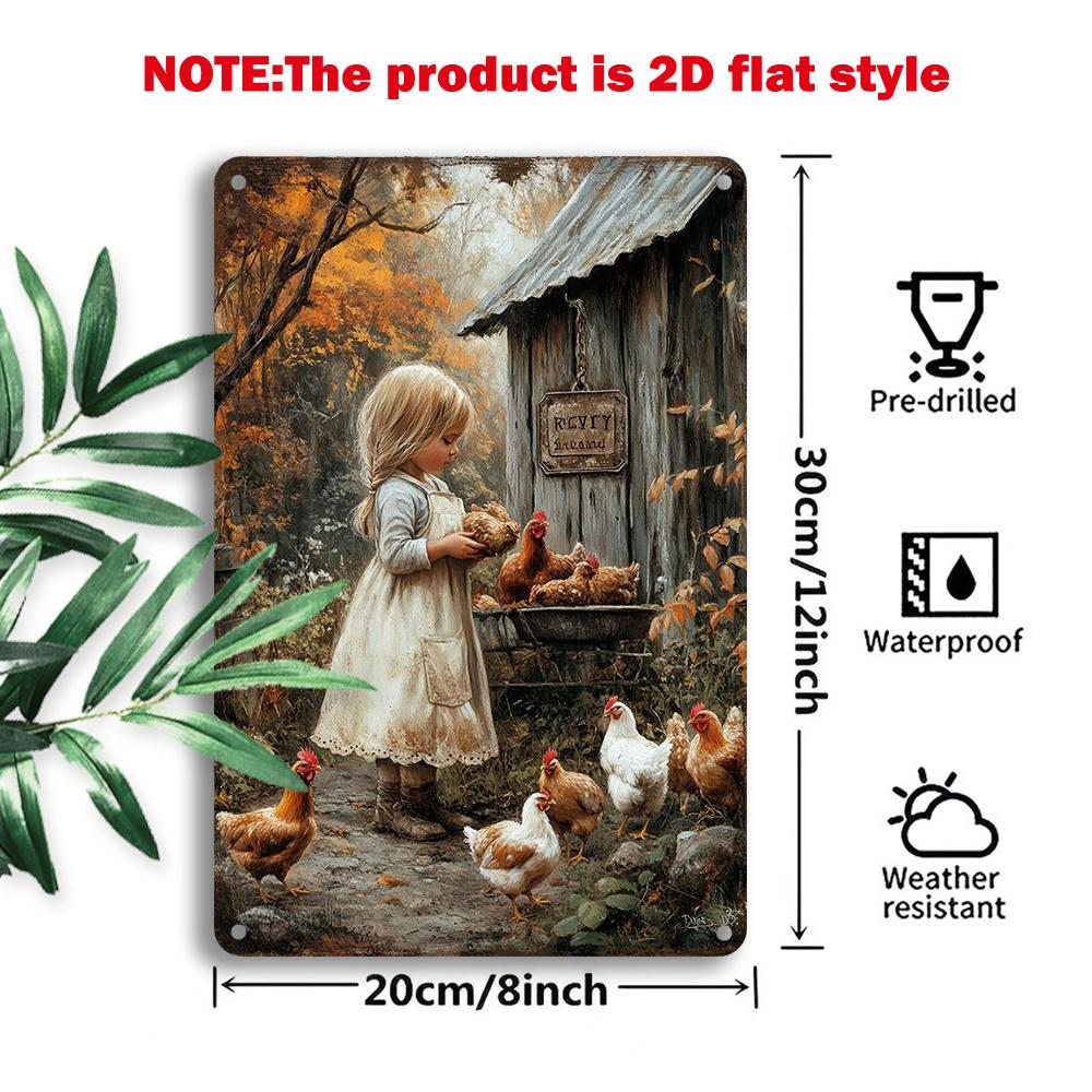 

Rustic Aluminum Wall Art Girl Feeding Chickens with Autumn Leaves Wooden Shack x Inch Farmhouse Decor for Home Garden 20x30cm（7.8x11.8inch）