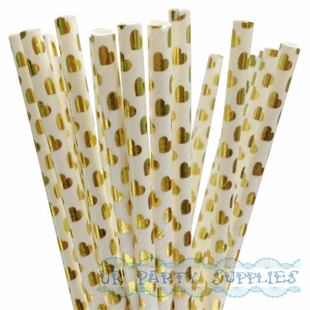 25Pcs/Bag Happy New Year Drinking Paper Straws Heart Foil Disposable Paper Staw Happy Birthday