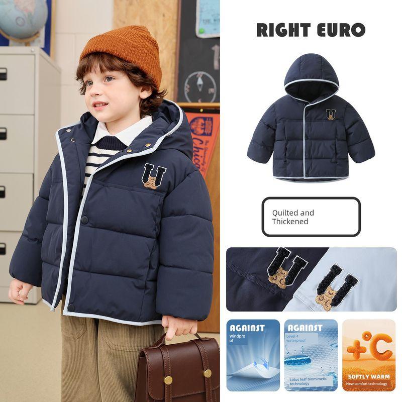 Right European Style Boys  R Series College Style Basic Hooded Cotton Jacket Waterproof Thickened Coat Children s Winter Clothing Warm and Trendy Navy blue 100cm