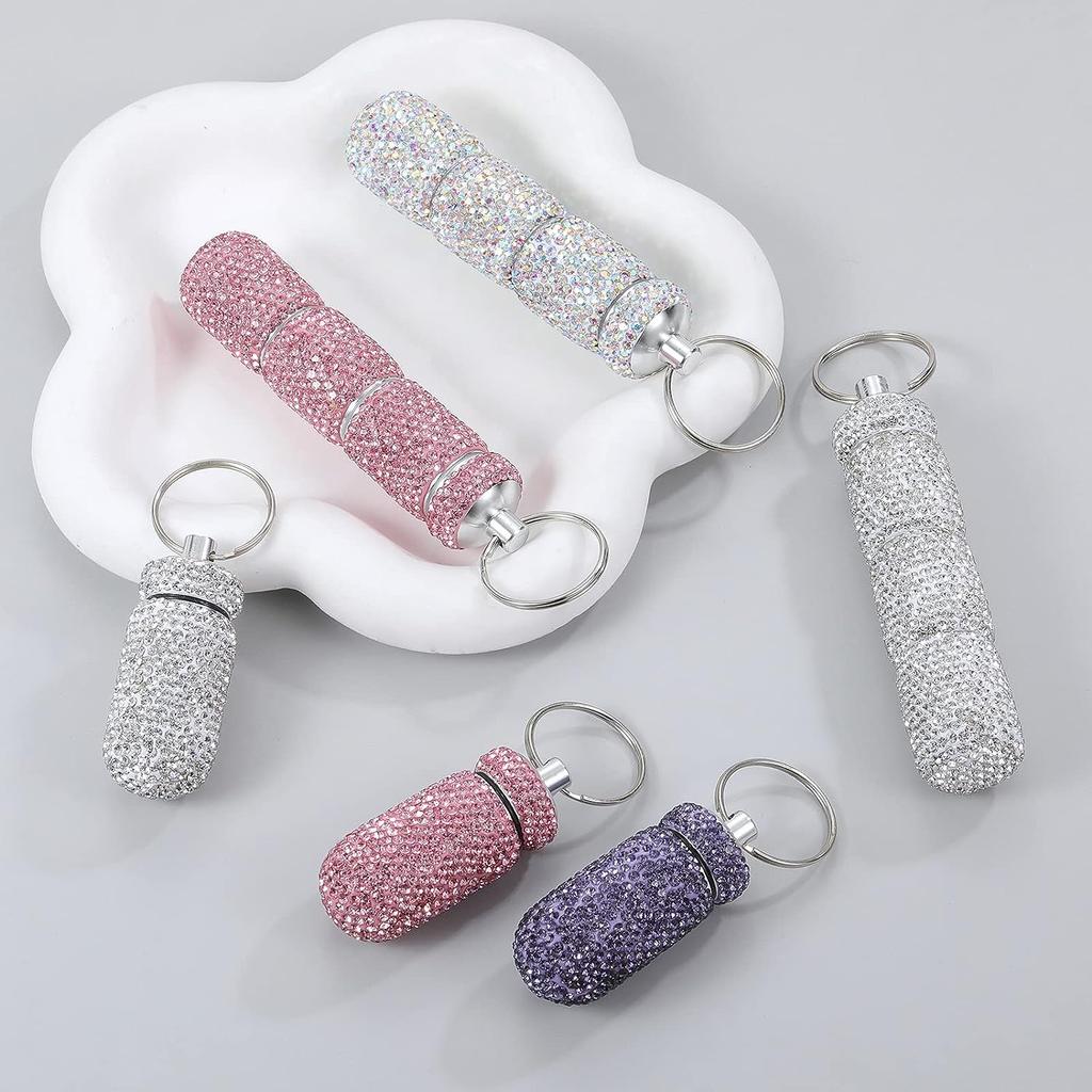 Bling Pill Case Portable Travel Pill Container Ins Rhinestone Waterproof Small Pill Holder with Keychain Cute Pill Storage Box