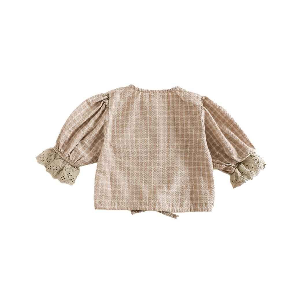 Autumn 2025 Girls' Korean-Style Embroidered Lace Puff Sleeve Top