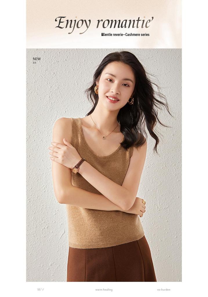 Women's Cashmere U-Neck Round Neck Knit Camisole - Solid Color, Warm, Twelve-Gauge