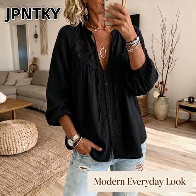 JPNTKY Kadın Moda Günlük V Yaka Uzun Kollu Bluz & Gömlekler