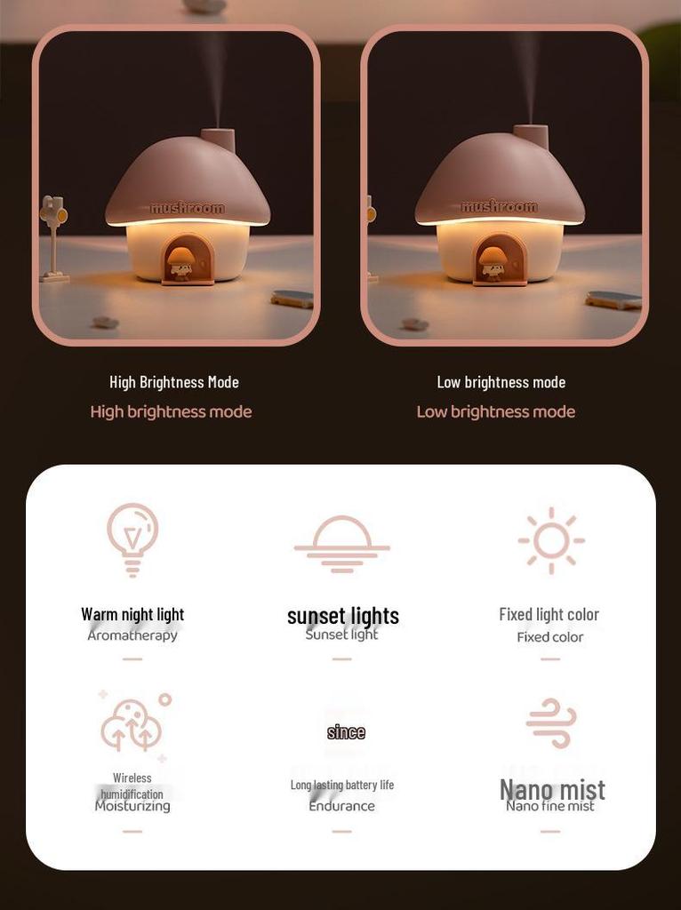 Mushroom House USB Humidifier with Sunset Lamp - Large Capacity Mist for Bedrooms and Offices
