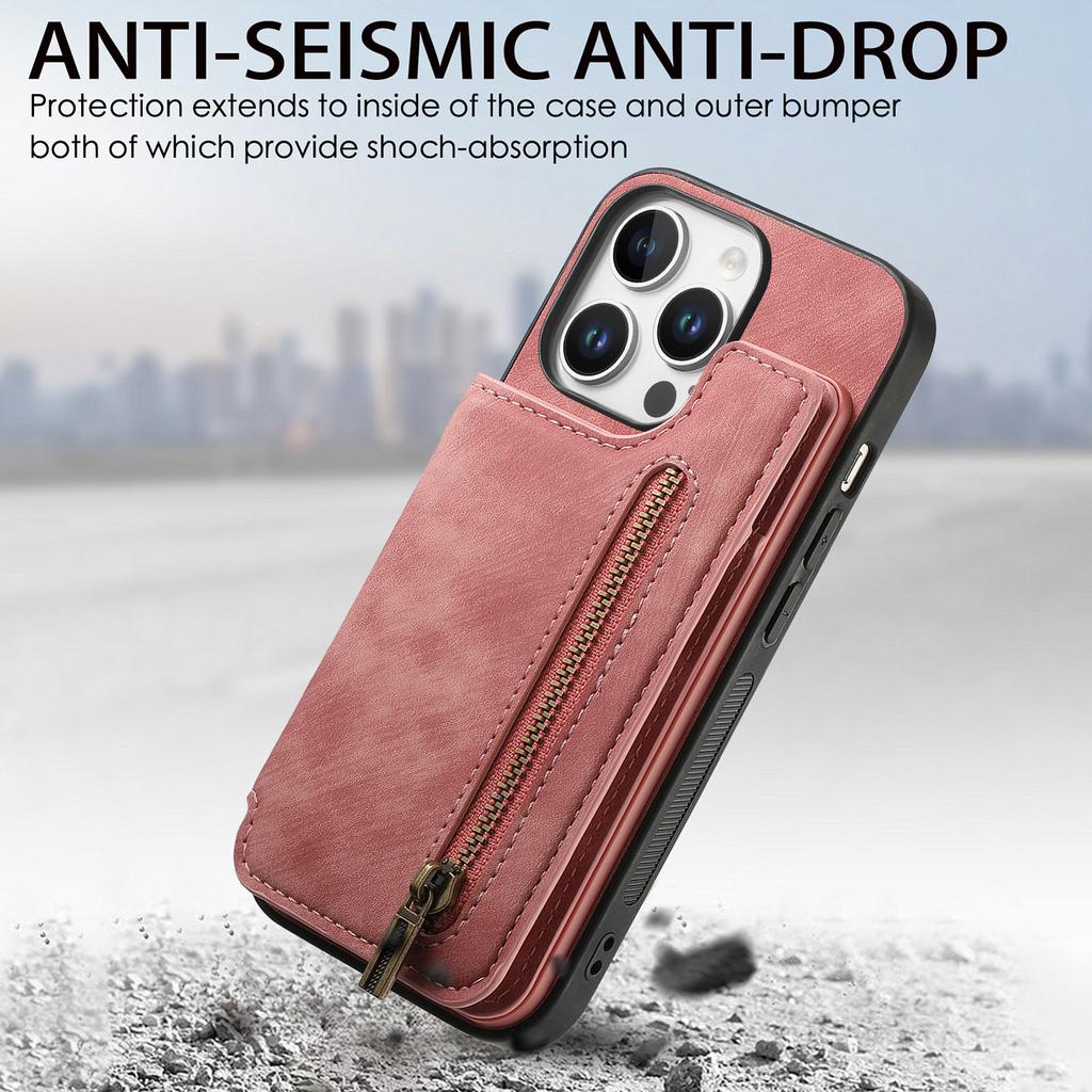 For iPhone 16 Pro Case with Zipper Card Holder Leather+TPU Phone Cover