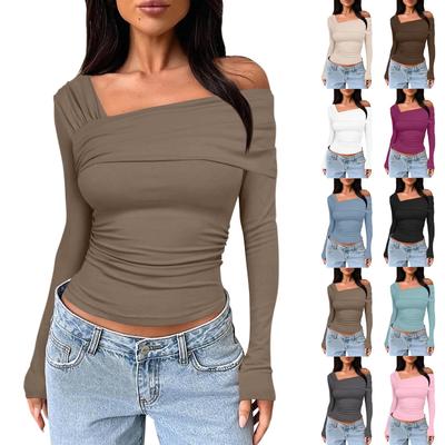 Dámská móda Jednobarevný Jednoramenný Dlouhý rukáv Plisovaný Slim fit Krátký Top s odhaleným pupíkem