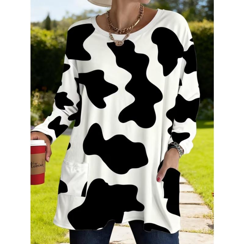 Women's Long-sleeved Round-neck T-shirt, Suitable for Spring, Autumn and Winter Seasons. It Has Pockets and Print Designs. Machine Washable.
