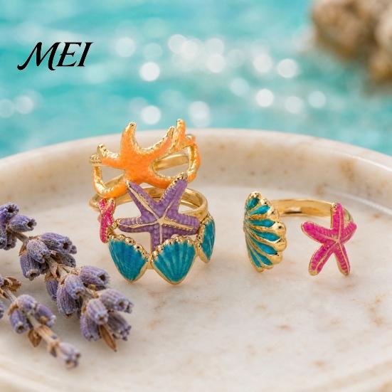 Open Design Rings 4Pcs/Set Ocean Series Ring Set, Multiple Styles Starfish Shell Enamel Coated Finger Ring, Alloy Adjustable Stacking for Jewelry Gift