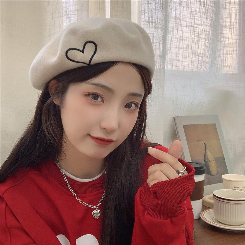 Winter Wool Beret Hat for Women Lady Love Heart Embroidery Warm Pumpkin Hats Ins Korean Girl Y2K Artist Painter Octagonal Caps