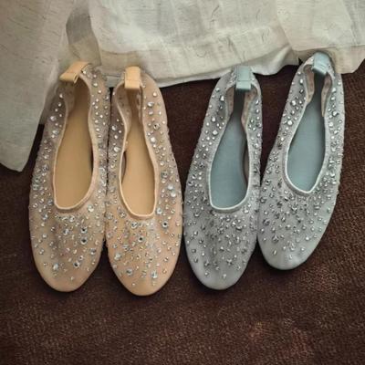 Mesh Luxury Rhinestones Flats Women Shoes Round Toe Shallow Casual Beach Shoes Female Soft Sole Fashion Mary Jane Shoes