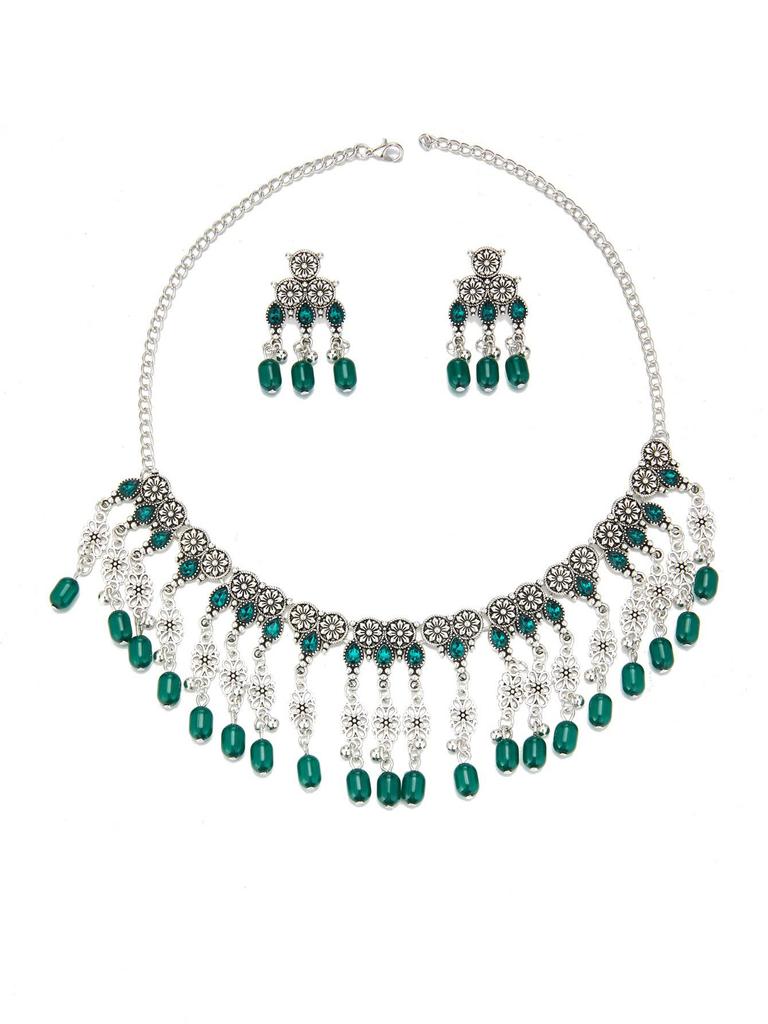 European & American Ethnic Style Rhinestone Tassel Necklace & Earring Set
