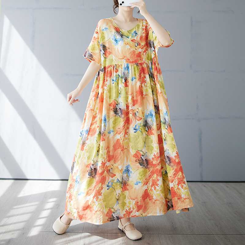 Women's Simple and Fashionable Long Skirt Summer Short Sleeved Round Neck Printed Dress