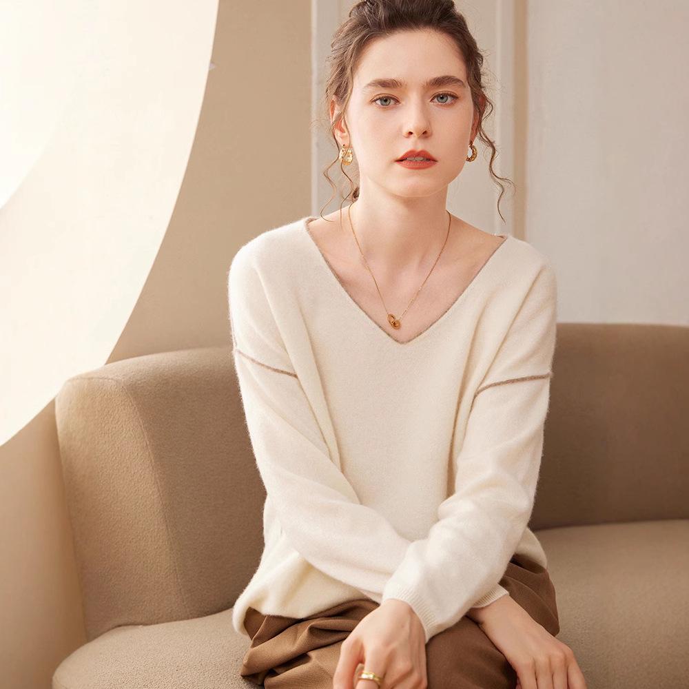 2024 Autumn/Winter Women's Cashmere V-Neck Loose Knit Pullover Sweater - Long Sleeve, Lazy Style Fashion