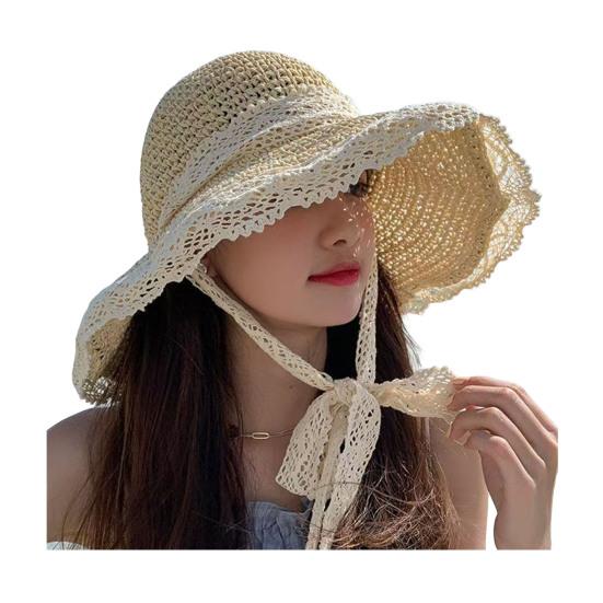 Summer Fisherman Hat Large Brim Foldable Portable Hollow Straw Weaving Beach Hat Rainbow A бежевый