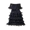 Niche popular fashion pleated shoulder dress women's vacation design thin fluffy ruffle edge skirt