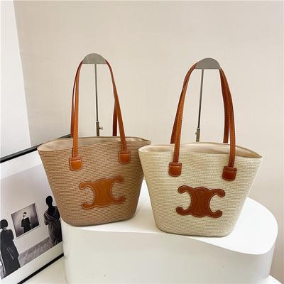 New Woven Bag Vegetable Basket Bag Straw Bucket Bag Beach Gentle Shoulder Bag