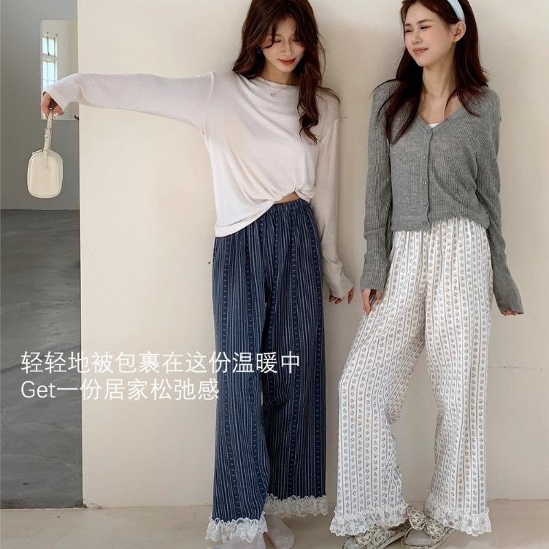 Pure cotton polished lace house pajama pants autumn and winter new home pants thin mid-waist trousers can be worn outside